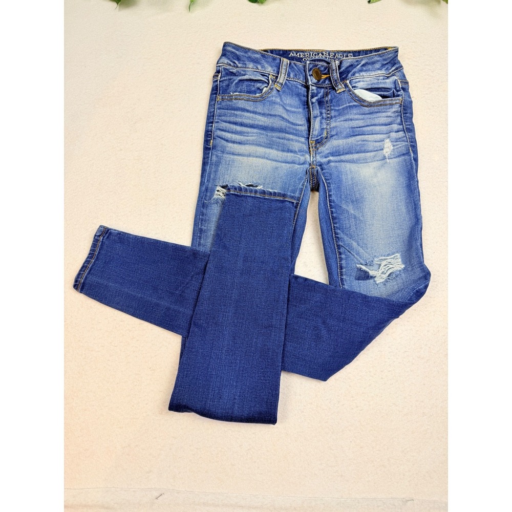 American Eagle Super Super‎ Stretch Distressed Skinny Jeans Medium Wash Blue 00